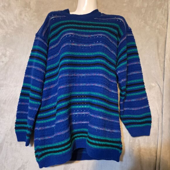 Alfred Dunner Vintage Coogi Style Inspired Striped Knit Sweater Large Blue Green - Picture 7 of 7